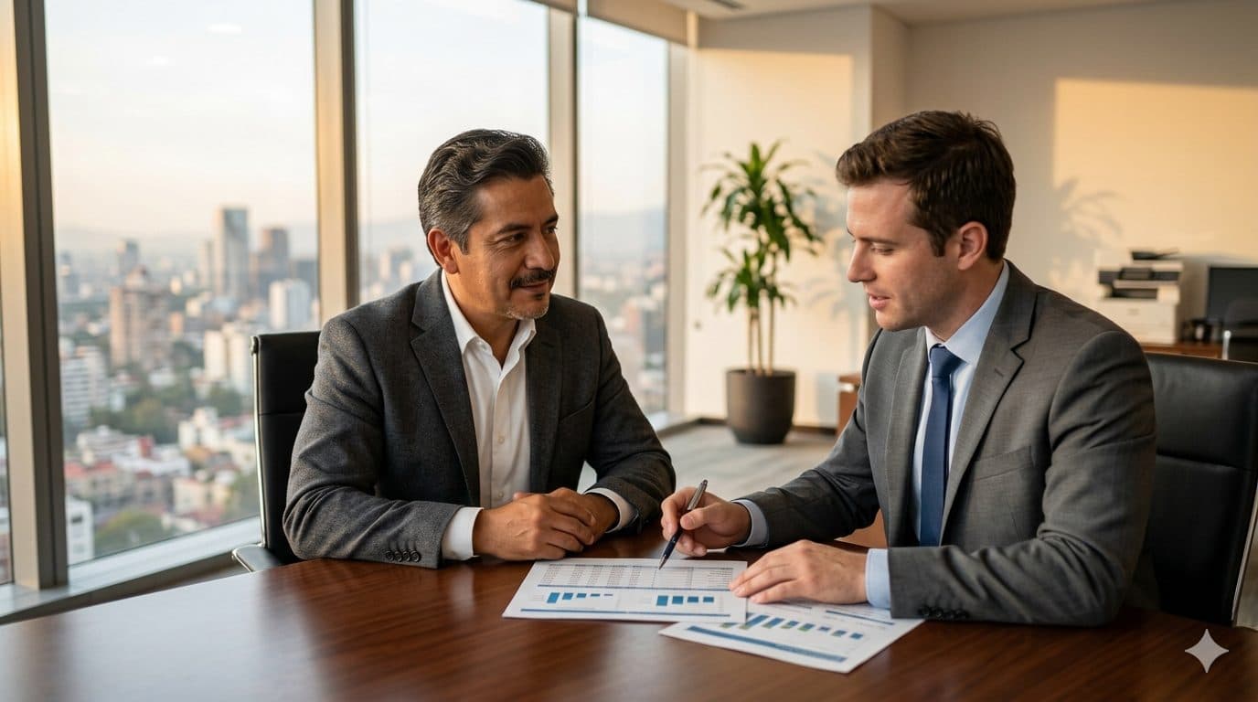 Dos profesionistas revisando gráficas y reportes en una junta